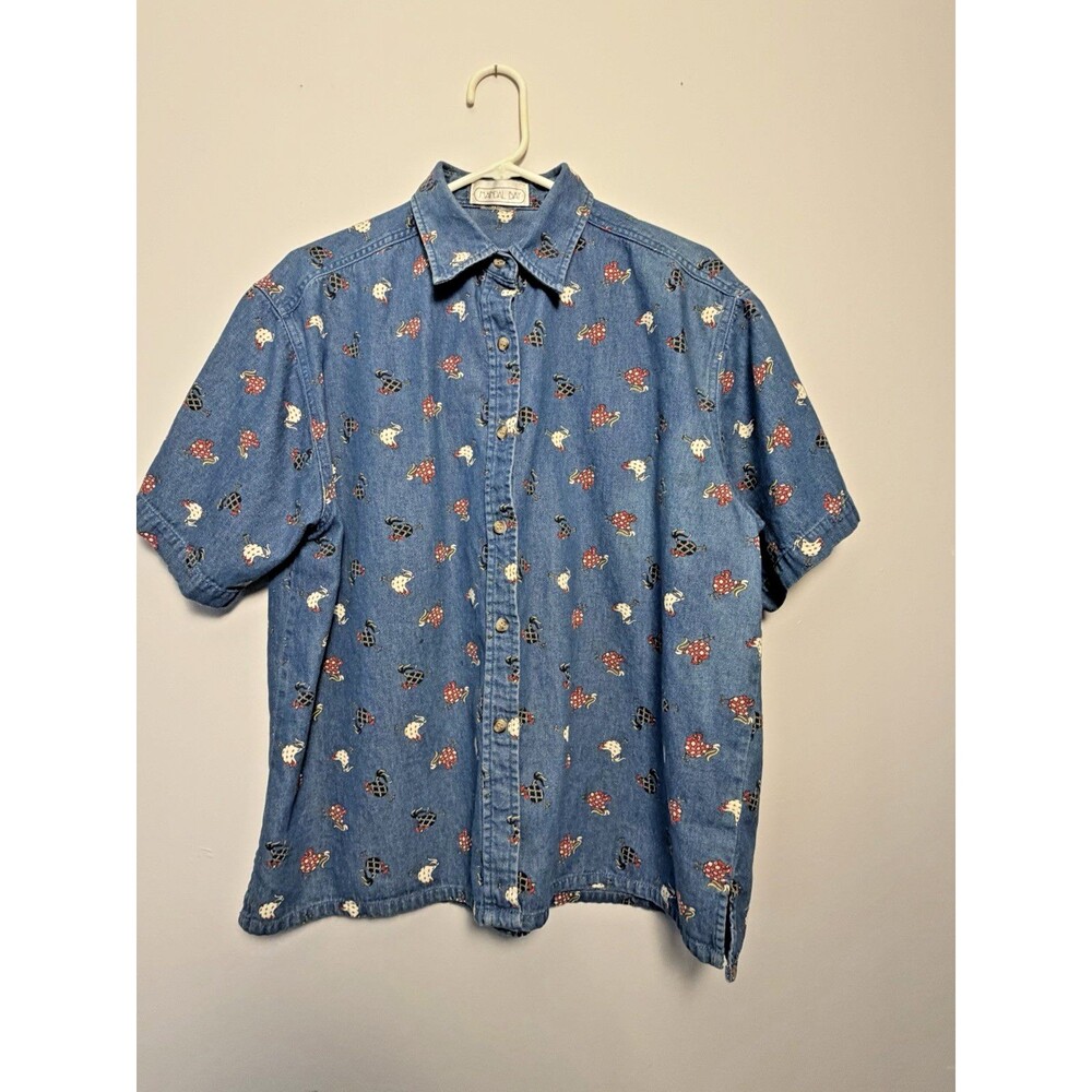 VTG Mandal Bay Womens Denim Rooster Short Sleeve Shirt Size 2X Farmhouse Country